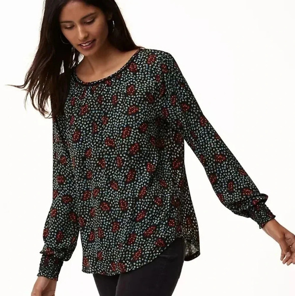 Loft Floral Lace Trim Smocked Cuff Blouse, Color Black/Turquoise/Red Size SP - Picture 1 of 15